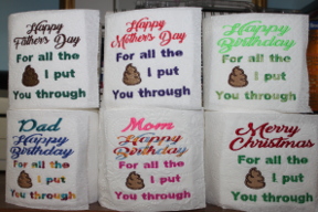 Toilet Paper Set of 6 Designs Holiday Birthday Machine Embroidery
